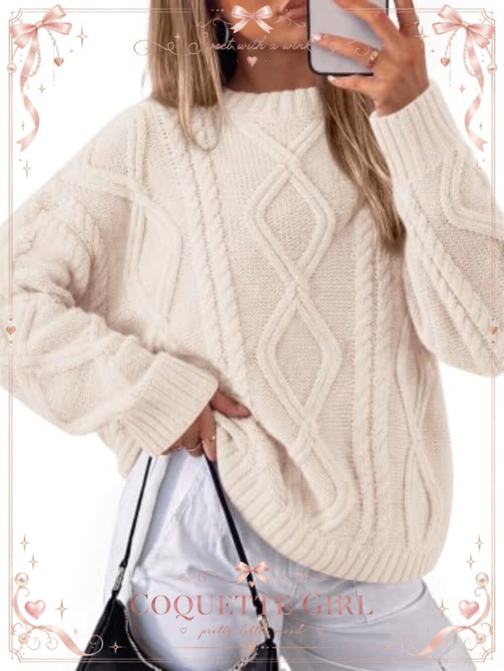 Oversized Chunky Cable Knit Crewneck Sweater Long Sleeve Pullover Fall Winter
